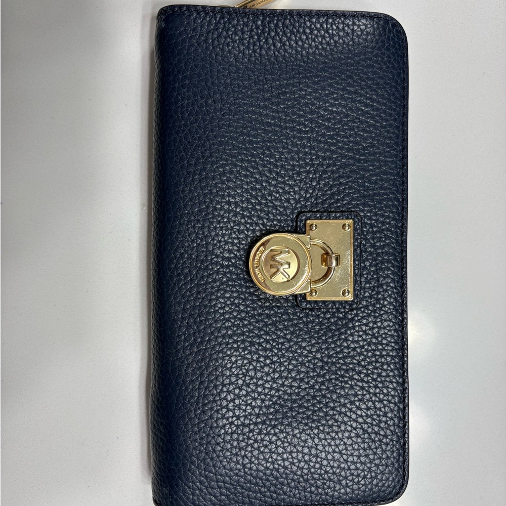 Michael Kors Navy Pebbled Leather Zip Wallet with Gold-Tone Lock Accent